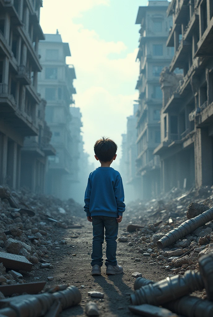 A boy in a blue sweatshirt while looking at a destroyed city