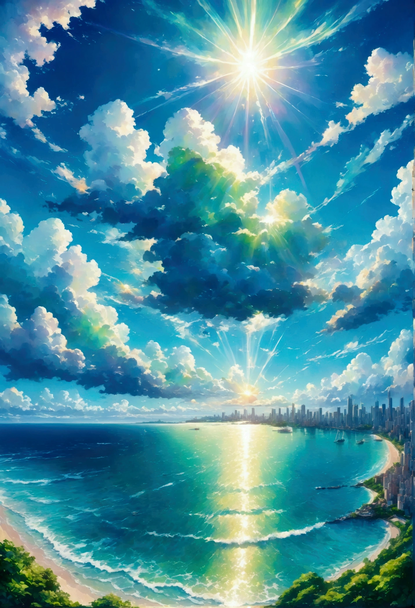 The bright blue sky, fluffy fluffy clouds, amazingly beautiful iridescent clouds, lush green cityscapes, and the sparkling ocean reflecting the sun's rays.