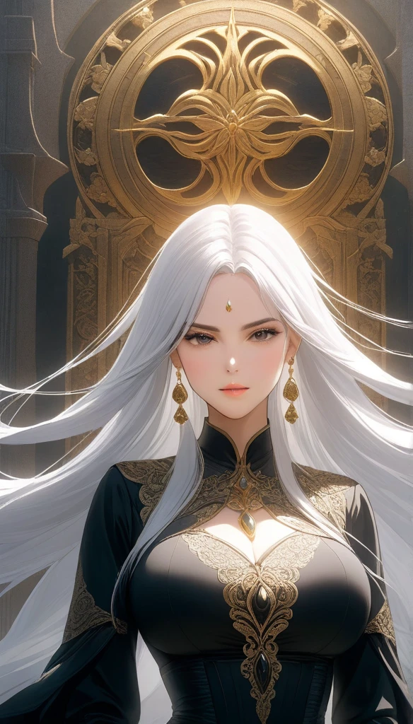 a beautiful woman with long white hair in an ornate dress, confident expression, (long hair in waves like smoke:0.85), detailed 16k sf intricate artwork masterpiece, ominous matte painting movie poster, golden ratio, trending on cgsociety, intricate, epic, trending on artstation, by artgerm, h. r. giger and beksinski, highly detailed, vibrant, production cinematic character render, ultra high quality model:1, saggy breasts, long jhumka earrings