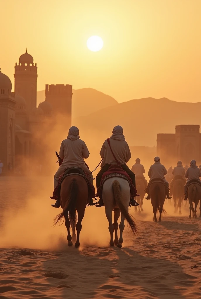 geneate images people riding horses in arabian desers with vast beautiful scneery of arabic old bazars behind them