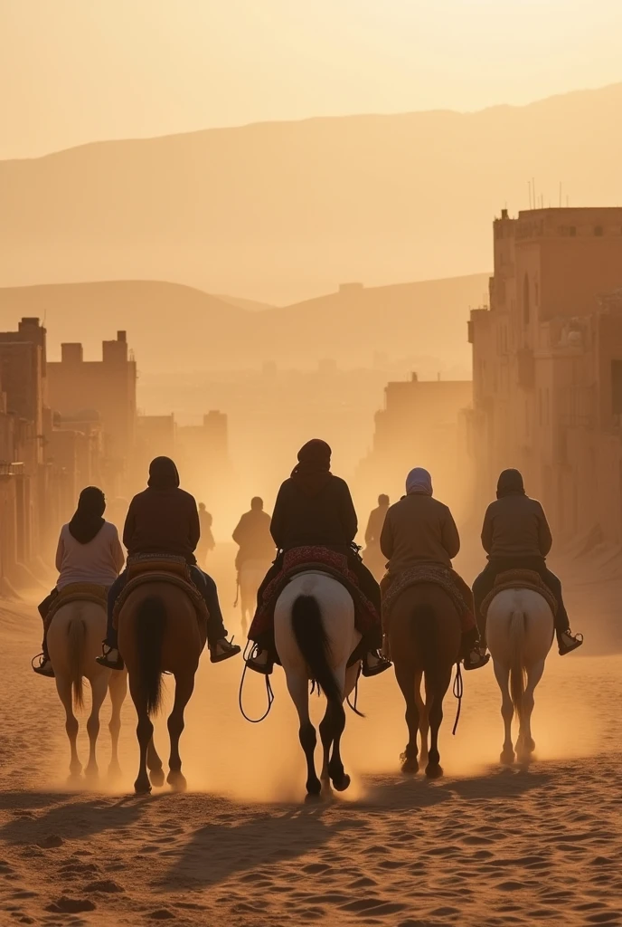 geneate images people riding horses in arabian desers with vast beautiful scneery of arabic old bazars behind them