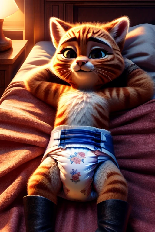 a beautiful young girl in a white diaper, DreamWorks Animated Puss in Boots style, lying on a soft bed, serene expression, pale skin, delicate features, detailed facial features, intricate patterns on diaper, bedsheets with floral designs, warm lighting, dreamlike atmosphere, cinematic composition, high quality, photorealistic, intricate details, masterpiece