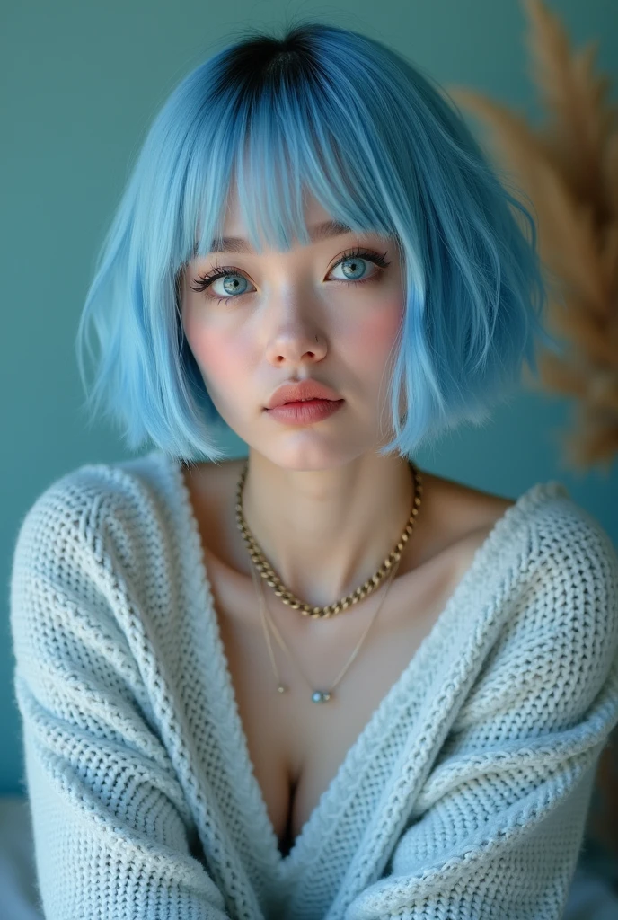 (Best quality, 8k, 32k, Masterpiece, UHD:1.2),Photo of Pretty 18 american woman, large breasts, very short bob hair,upper body,face focus,(oversized_sweater,:1.1) necklace, background, looking at viewer, leaning forward, (((blue hair with sliver bangs))), (((vibrant light blue eyes))) (((award winning detail)) ((avatar makeup and popstar clothes)))
