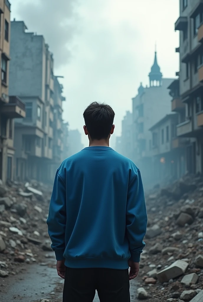 An adult wearing a blue sweatshirt while looking at a destroyed city