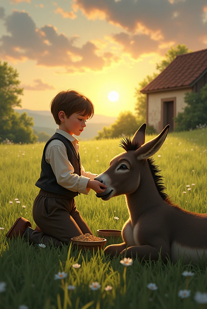 The wealthy boy is now gently feeding the donkey in a green field. The donkey looks slightly healthier but still weak. A bowl of fresh water and some hay are placed near the donkey. The same small house is far in the background, and the sun is slightly lower in the sky.