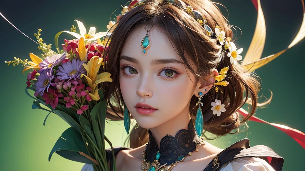 32K, 最高quality, 最高masterpiece, (ultra-Detailed Background, Detailed Background), High resolution, Super detailed, Very detailedな, One girl, (bouquet:1.3), (Tangled:1.2), (Geometric:1.2),(colorful),(masterpiece, quality, best quality, Official Art, Beautiful and beautiful:1.2), (1 girl:1.3), Very detailed,(colorful:1.1)(Flowers:1.3),Most detailed,(Tangled:1.2), whole body, (Abstract background:1.3), (Skin glows), (Many colors:1.4), ,(Earrings Jewelry:1.5), Light green background,