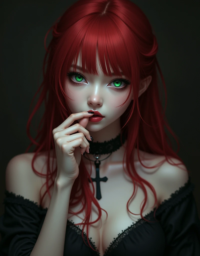 (best quality, highres, masterpiece:1.2), ultra-detailed, (realistic:1.37), portrait, goth, human, green eyes, naked, beautiful detailed lips, extremely detailed face and eyes, long eyelashes, fair skin, flowing red hair, Remilia Scarlet, solo, captivating beauty, moody atmosphere, bites his lip, pensive expression, mysterious aura, majestic presence, gothic style, cross necklace, dark eyeshadow, pale complexion, intense gaze, striking appearance, imposing posture, dark background, classical composition, soft lighting, emotional performance, poignant melody, fascinating harmonies, intricate musical score, artistic interpretation, passionate playing, expressive hands, enchanting atmosphere, ethereal beauty, impressive technique, mesmerizing talent, virtuoso performance, masterful execution, captivating presence, enchanted audience, music notes floating in the air, poetic elegance, transcendent experience, musical vibration, spellbinding aura, haunting melodies, dark elegance, inner depths, immortal essence, fanciful imagination, unearthly grace, alluring grace, captivating eyes, wistful expression, haunting beauty