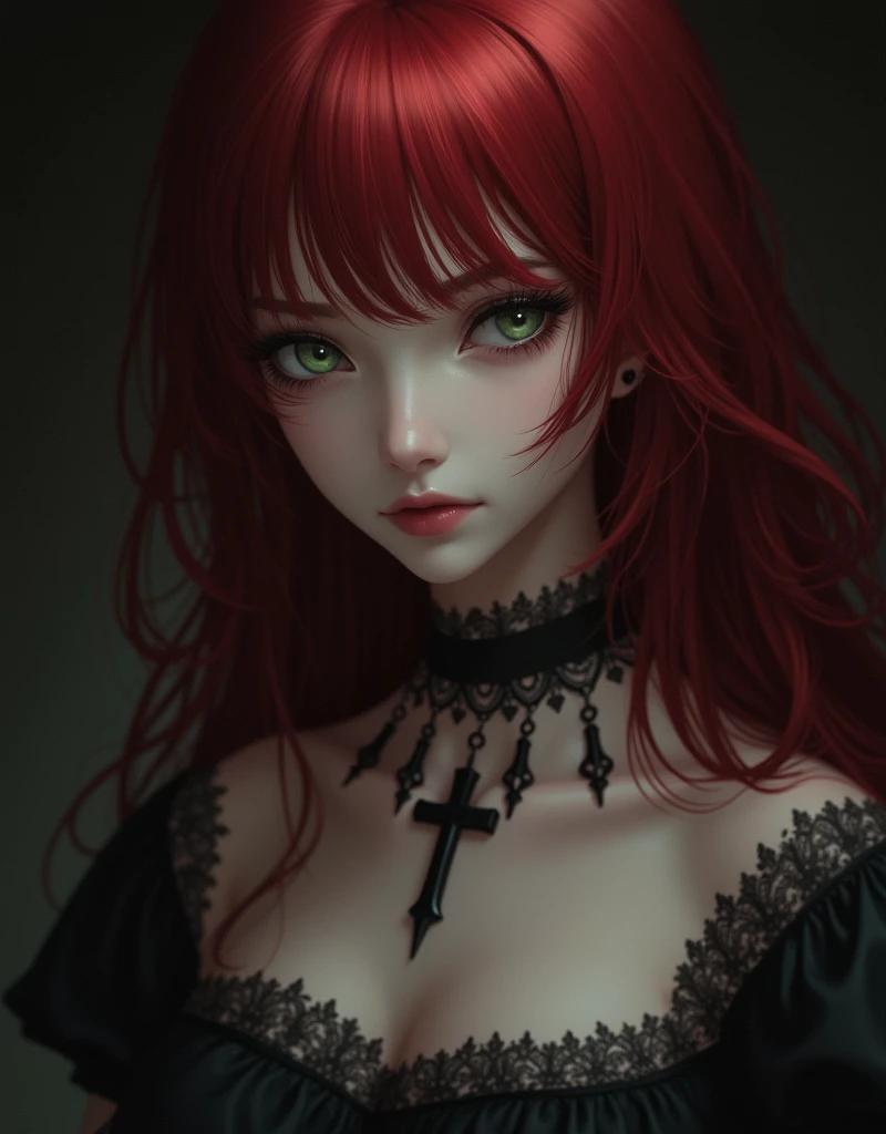 (best quality, highres, masterpiece:1.2), ultra-detailed, (realistic:1.37), portrait, goth, human, green eyes, naked, beautiful detailed lips, extremely detailed face and eyes, long eyelashes, fair skin, flowing red hair, Remilia Scarlet, solo, captivating beauty, moody atmosphere, bites his lip, pensive expression, mysterious aura, majestic presence, gothic style, cross necklace, dark eyeshadow, pale complexion, intense gaze, striking appearance, imposing posture, dark background, classical composition, soft lighting, emotional performance, poignant melody, fascinating harmonies, intricate musical score, artistic interpretation, passionate playing, expressive hands, enchanting atmosphere, ethereal beauty, impressive technique, mesmerizing talent, virtuoso performance, masterful execution, captivating presence, enchanted audience, music notes floating in the air, poetic elegance, transcendent experience, musical vibration, spellbinding aura, haunting melodies, dark elegance, inner depths, immortal essence, fanciful imagination, unearthly grace, alluring grace, captivating eyes, wistful expression, haunting beauty