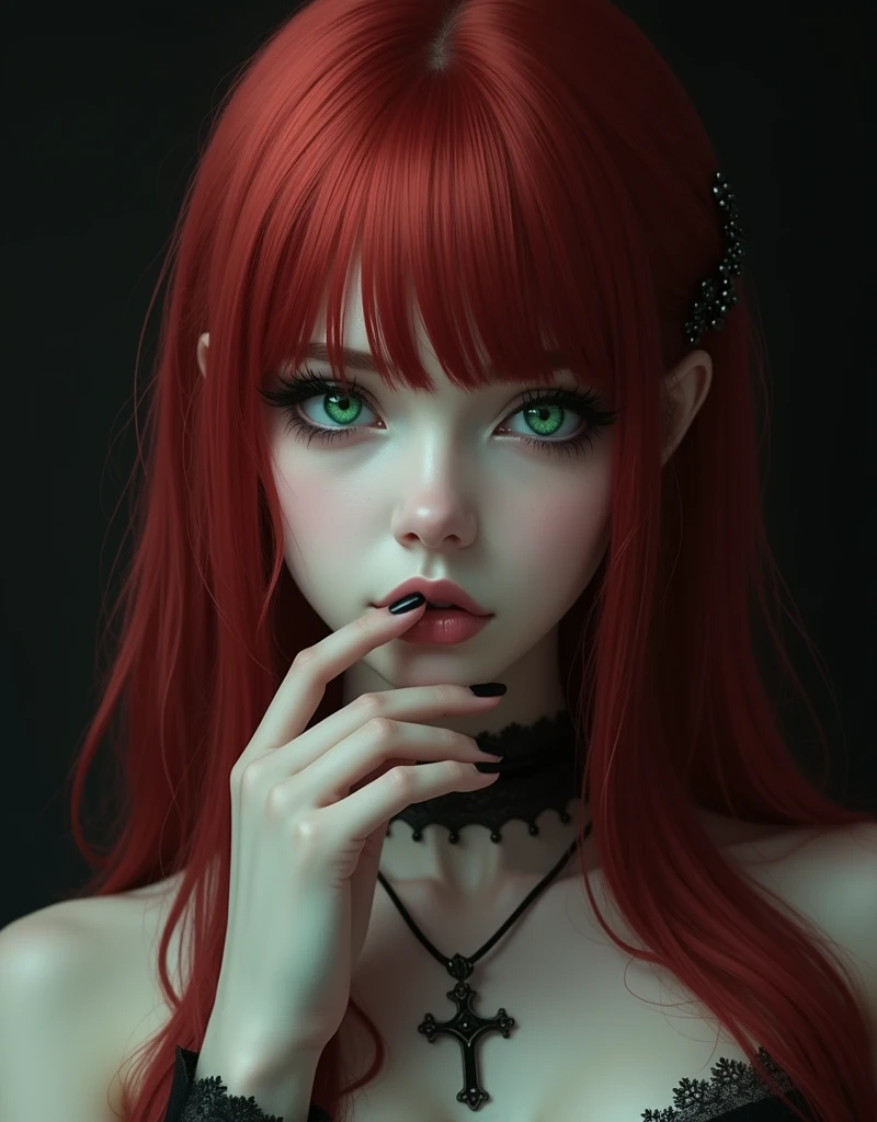 (best quality, highres, masterpiece:1.2), ultra-detailed, (realistic:1.37), portrait, goth, human, green eyes, naked, beautiful detailed lips, extremely detailed face and eyes, long eyelashes, fair skin, flowing red hair, Remilia Scarlet, solo, captivating beauty, moody atmosphere, bites his lip, pensive expression, mysterious aura, majestic presence, gothic style, cross necklace, dark eyeshadow, pale complexion, intense gaze, striking appearance, imposing posture, dark background, classical composition, soft lighting, emotional performance, poignant melody, fascinating harmonies, intricate musical score, artistic interpretation, passionate playing, expressive hands, enchanting atmosphere, ethereal beauty, impressive technique, mesmerizing talent, virtuoso performance, masterful execution, captivating presence, enchanted audience, music notes floating in the air, poetic elegance, transcendent experience, musical vibration, spellbinding aura, haunting melodies, dark elegance, inner depths, immortal essence, fanciful imagination, unearthly grace, alluring grace, captivating eyes, wistful expression, haunting beauty