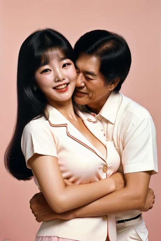 Seoul, 1972, (((1 korean young girl and 1 old korean man facing each other))), {A young korean beautiful girl, 18-year-old, y girl, strikingly beautiful, black hair, bigelicate facial features, porcelain skin, red lips, expressive eyes, ((awe and joy expression)), (high school suit from the 1970s), ((hairstyle of the 1970s)),((pin up style))}, pastel background, (((70 years old korean man wearing business suit))), (((70 years old korean man hugging on korean young girl's chest))),