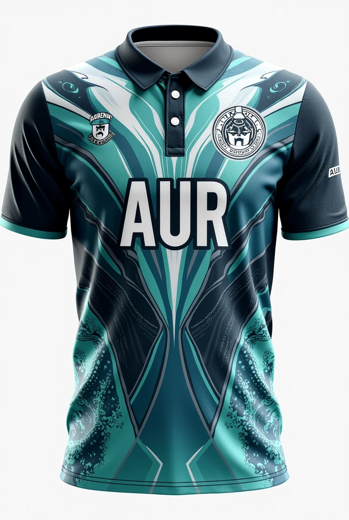 A collared, 3-button neckline. The center front should feature the word 'AUR'. On the back view, center the player's name above their role. The theme color is blue, teal, gray, little bit of black, and white. The design should have a Little bit of "slash geometric shapes like SPIRALS", "wind slashes", and "a lot of snowflakes pattern".

