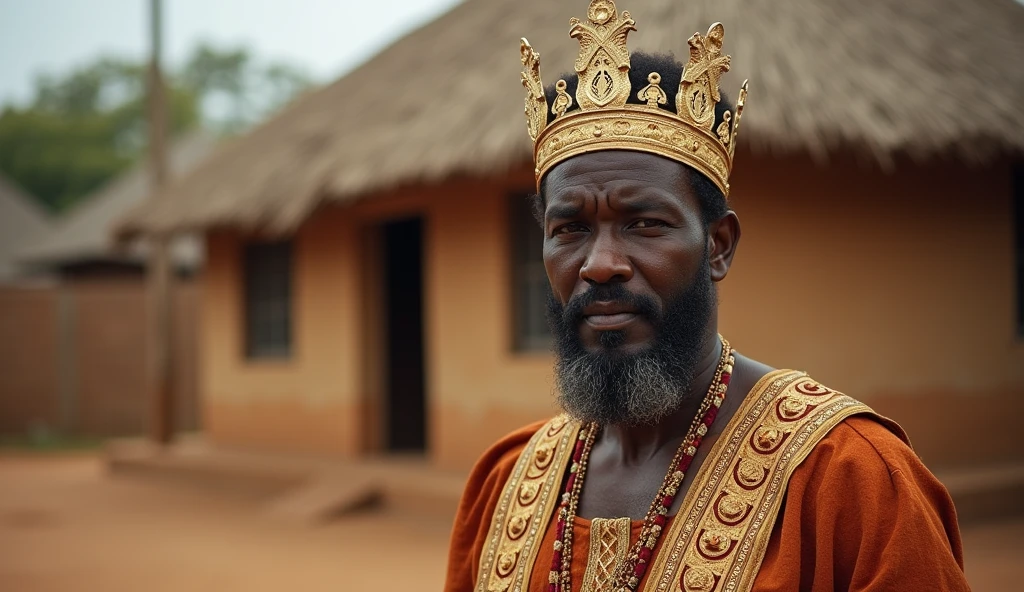 Please create an image of a Nigerian village king, middle aged man, 45 years old, dark brown skinned, in a Nigerian traditional village king attire, with his crown, tensed and waiting outside a local Nigerian village palace
