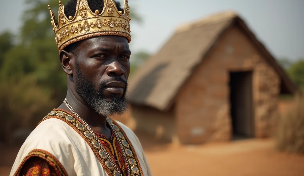 Please create an image of a Nigerian village king, middle aged man, 45 years old, dark brown skinned, in a Nigerian traditional village king attire, with his crown, tensed and waiting outside a local Nigerian village palace