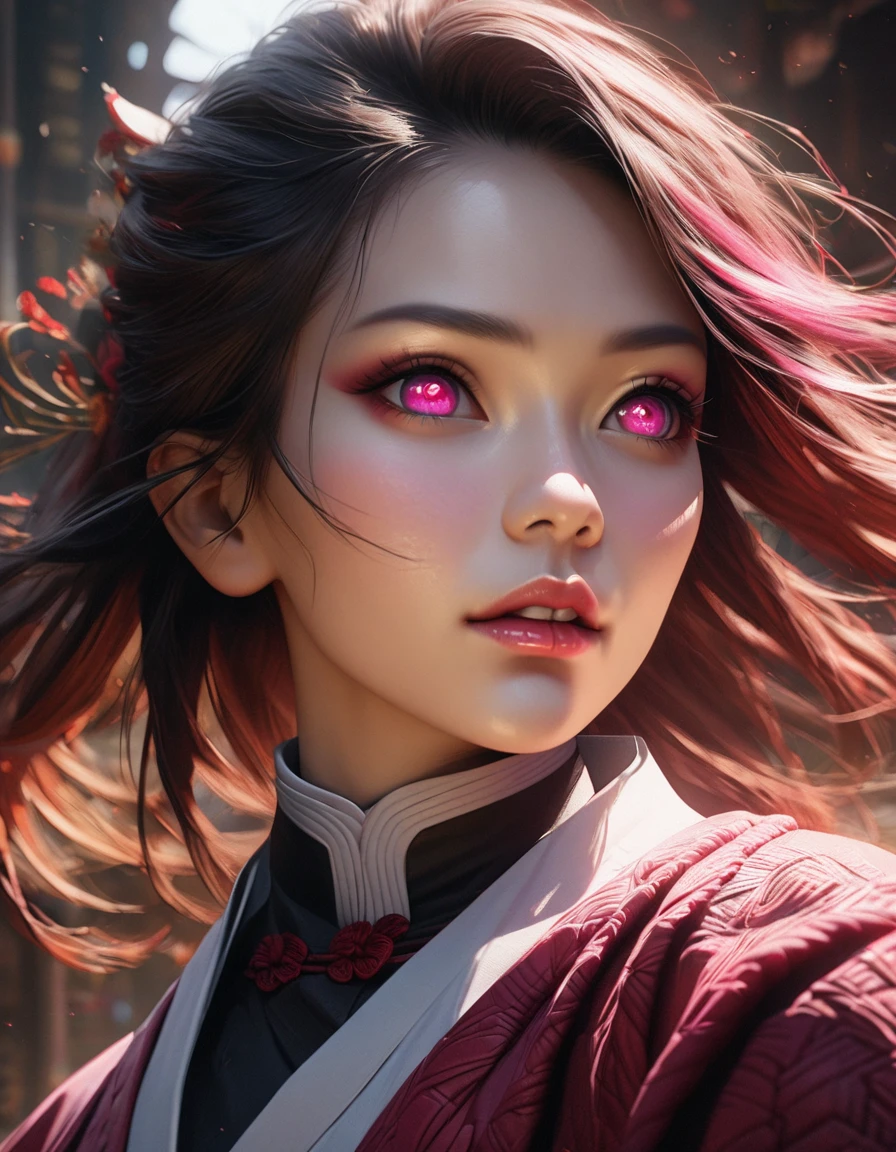 beautiful detailed eyes, beautiful detailed lips, extremely detailed eyes and face, long eyelashes, 1girl, detailed portrait, shinobu kochō, demon slayer: kimetsu no yaiba, realistic, photo-realistic, 4k, hyper detailed, high quality, masterpiece, digital painting, detailed background, intricate details, dramatic lighting, vivid colors, striking composition, dynamic pose, gorgeous art style