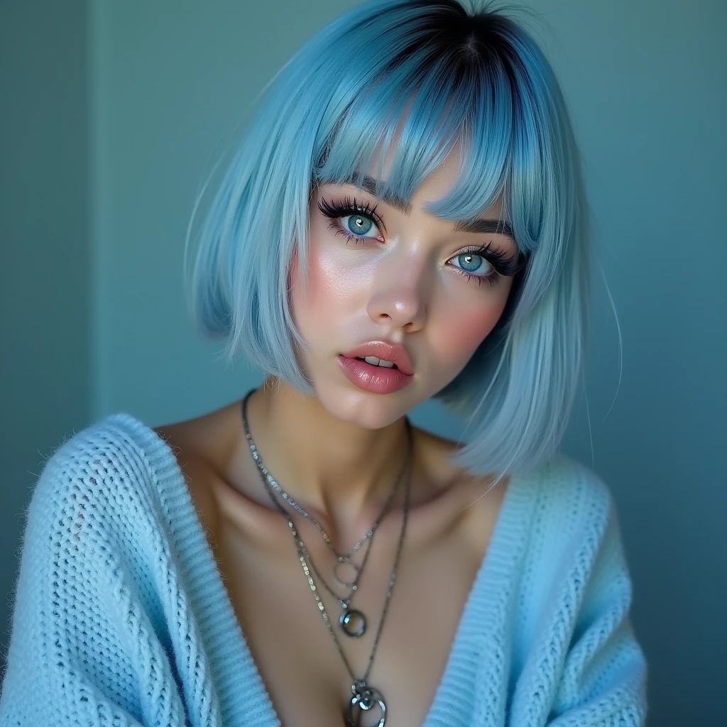 (Best quality, 8k, 32k, Masterpiece, UHD:1.2),Photo of Pretty 18 teen american woman, large breasts, very short bob hair,upper body,face focus,(oversized_sweater,:1.1) necklace, background, looking at viewer, leaning forward, (((blue hair with sliver bangs))), (((vibrant light blue eyes))) (((award winning detail)) ((avatar makeup and popstar clothes)))