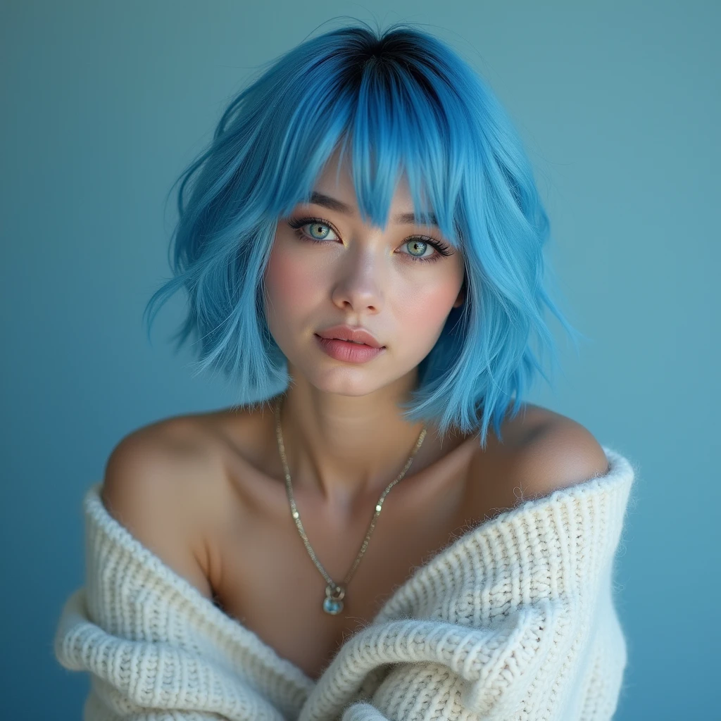 (Best quality, 8k, 32k, Masterpiece, UHD:1.2),Photo of Pretty 18 teen american woman, large breasts, very short bob hair,upper body,face focus,(oversized_sweater,:1.1) necklace, background, looking at viewer, leaning forward, (((blue hair with sliver bangs))), (((vibrant light blue eyes))) (((award winning detail)) ((avatar makeup and popstar clothes)))