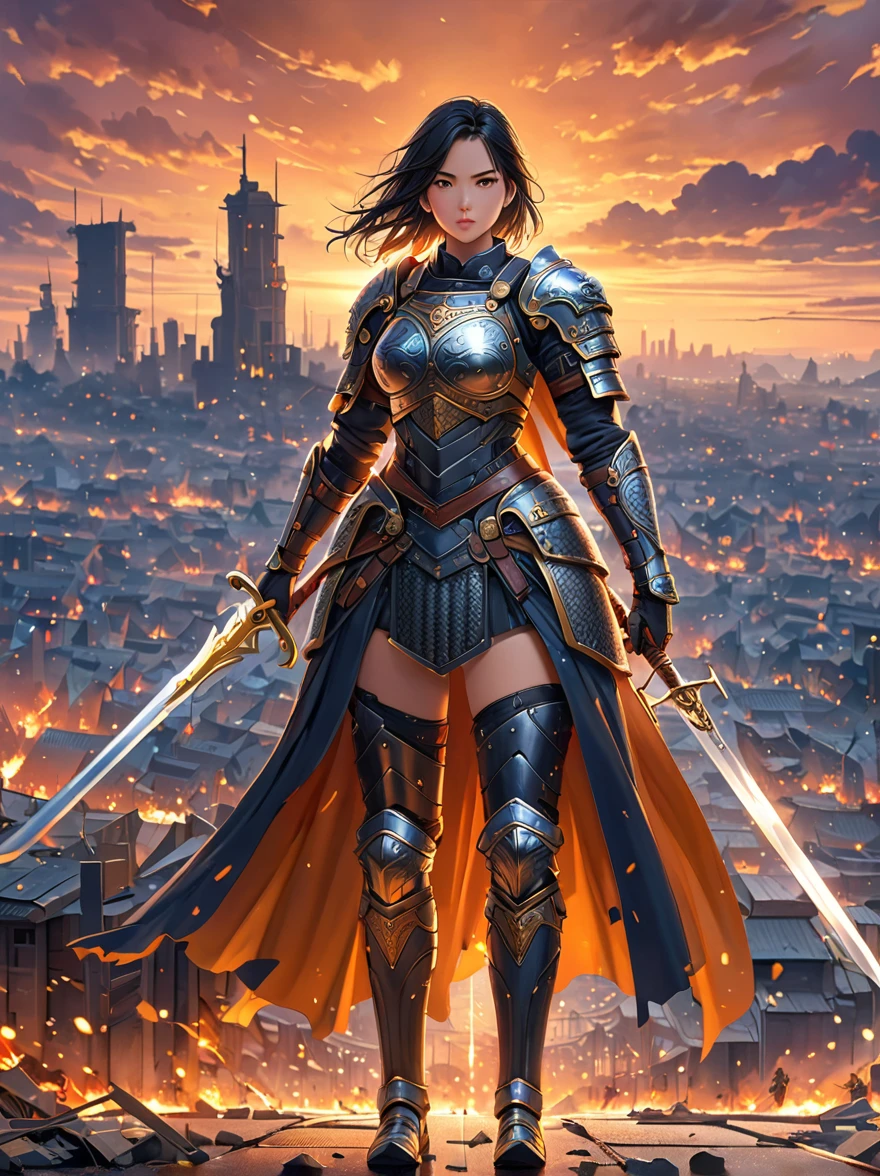 Female Warrior,battlefield,firm,Holding a gleaming silver sword,Wearing protective armor,Extraordinary courage,Black Hair,Hanging on the back,The dusk sky is shrouded by the fierce battlefield,Abstract painting in the distance、Somewhat fuzzy structure,Like a bustling city,full-body shot,Cartoon Style,Super Detail,Anatomically correct, masterpiece, accurate, textured skin, super detail, high details, award winning, 8k