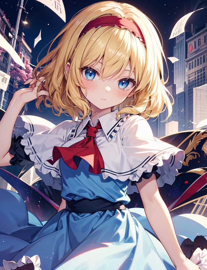 1girl, alice margatroid (touhou), blue eyes, medium hair, blonde hair, white capelet, blue dress, frilled dress, frilled ascot, red ascot, puffy short sleeves, red hairband, lolita hairband, frilled hairband, grimoire of alice, doll,