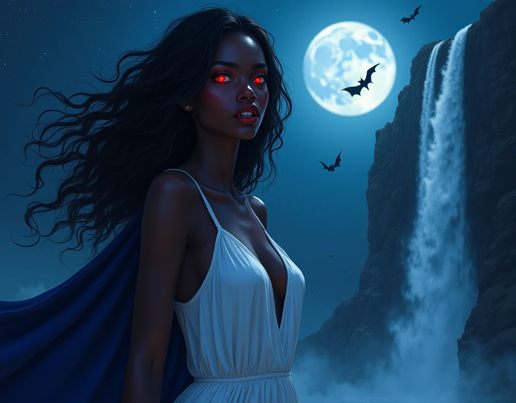 a picture of an exquisite beautiful  (African: 1.2) female  vampire standing under the starry night sky at the base of the waterfall, ultra feminine, (busty: 1.2), small cleavage black skin, dynamic hair color, wavy hair, dynamic eyes color, (red glowing eyes: 1.3), ((vampire fangs: 1.5)), cold eyes, glowing eyes, intense eyes, dark red lips, wearing white dress, wearing blue cloak, ultra best realistic, best details, best quality, 16k, [ultra detailed], masterpiece, best quality, (extremely detailed), photorealism, depth of field, hyper realistic painting, sky full of stars background, moon, bats flying about, high details, best quality, 8k, [ultra detailed], masterpiece, best quality, (ultra detailed), vampyfangs1,