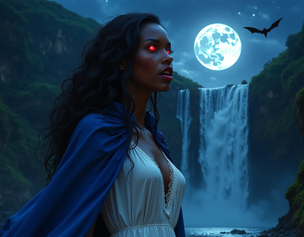 a picture of an exquisite beautiful  (African: 1.2) female  vampire standing under the starry night sky at the base of the waterfall, ultra feminine, (busty: 1.2), small cleavage black skin, dynamic hair color, wavy hair, dynamic eyes color, (red glowing eyes: 1.3), ((vampire fangs: 1.5)), cold eyes, glowing eyes, intense eyes, dark red lips, wearing white dress, wearing blue cloak, ultra best realistic, best details, best quality, 16k, [ultra detailed], masterpiece, best quality, (extremely detailed), photorealism, depth of field, hyper realistic painting, sky full of stars background, moon, bats flying about, high details, best quality, 8k, [ultra detailed], masterpiece, best quality, (ultra detailed), vampyfangs1,