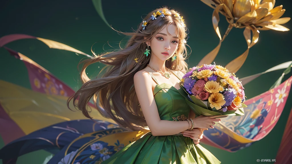 32K, 最高quality, 最高masterpiece, (ultra-Detailed Background, Detailed Background), High resolution, Super detailed, Very detailedな, One girl, (bouquet:1.3), (Tangled:1.2), (Geometric:1.2),(colorful),(masterpiece, quality, best quality, Official Art, Beautiful and beautiful:1.2), (1 girl:1.3), Very detailed,(colorful:1.1)(Flowers:1.3),Most detailed,(Tangled:1.2), whole body, (Abstract background:1.3), (Skin glows), (Many colors:1.4), ,(Earrings Jewelry:1.5), Light green background,