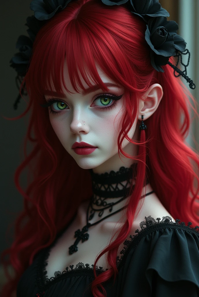 (best quality, highres, masterpiece:1.2), ultra-detailed, (realistic:1.37), portrait, goth, human, green eyes, naked, beautiful detailed lips, extremely detailed face and eyes, long eyelashes, fair skin, flowing red hair, Remilia Scarlet, solo, captivating beauty, moody atmosphere, bites his lip, pensive expression, mysterious aura, majestic presence, gothic style, cross necklace, dark eyeshadow, pale complexion, intense gaze, striking appearance, imposing posture, dark background, classical composition, soft lighting, emotional performance, poignant melody, fascinating harmonies, intricate musical score, artistic interpretation, passionate playing, expressive hands, enchanting atmosphere, ethereal beauty, impressive technique, mesmerizing talent, virtuoso performance, masterful execution, captivating presence, enchanted audience, music notes floating in the air, poetic elegance, transcendent experience, musical vibration, spellbinding aura, haunting melodies, dark elegance, inner depths, immortal essence, fanciful imagination, unearthly grace, alluring grace, captivating eyes, wistful expression, haunting beauty