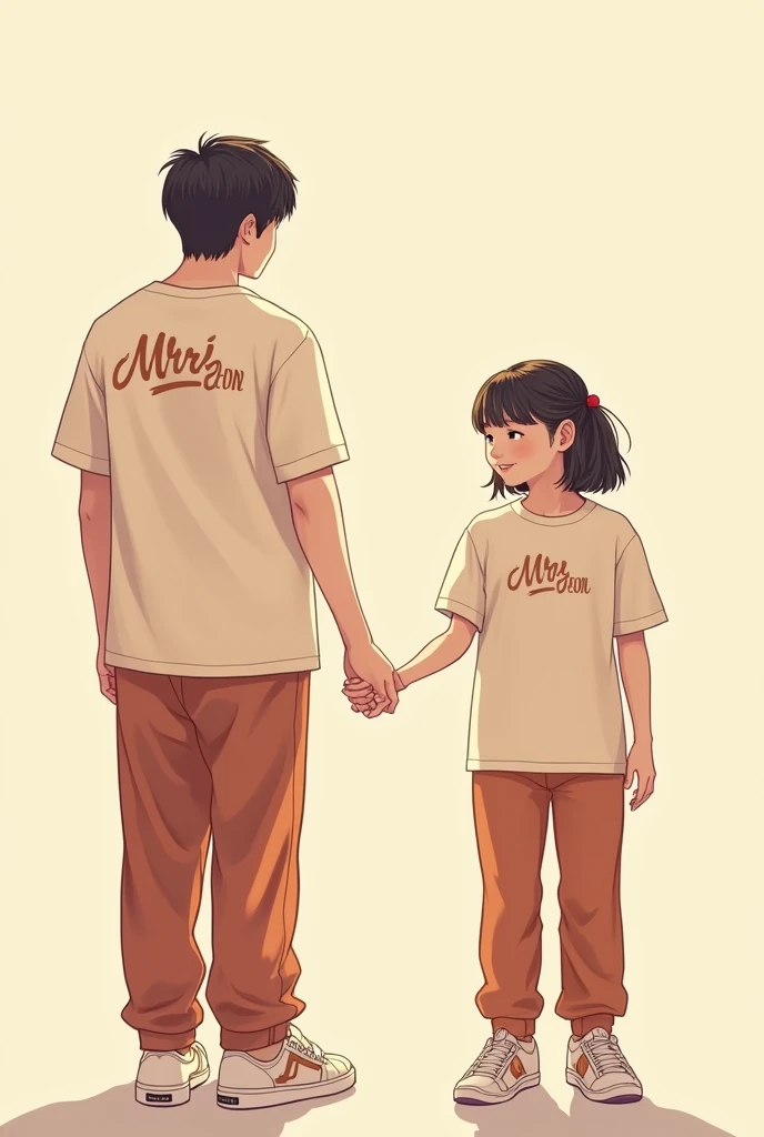 I and Jungkook holding hands wearing matching shirts and pants with mrs Jeon and mr Jeon logo 