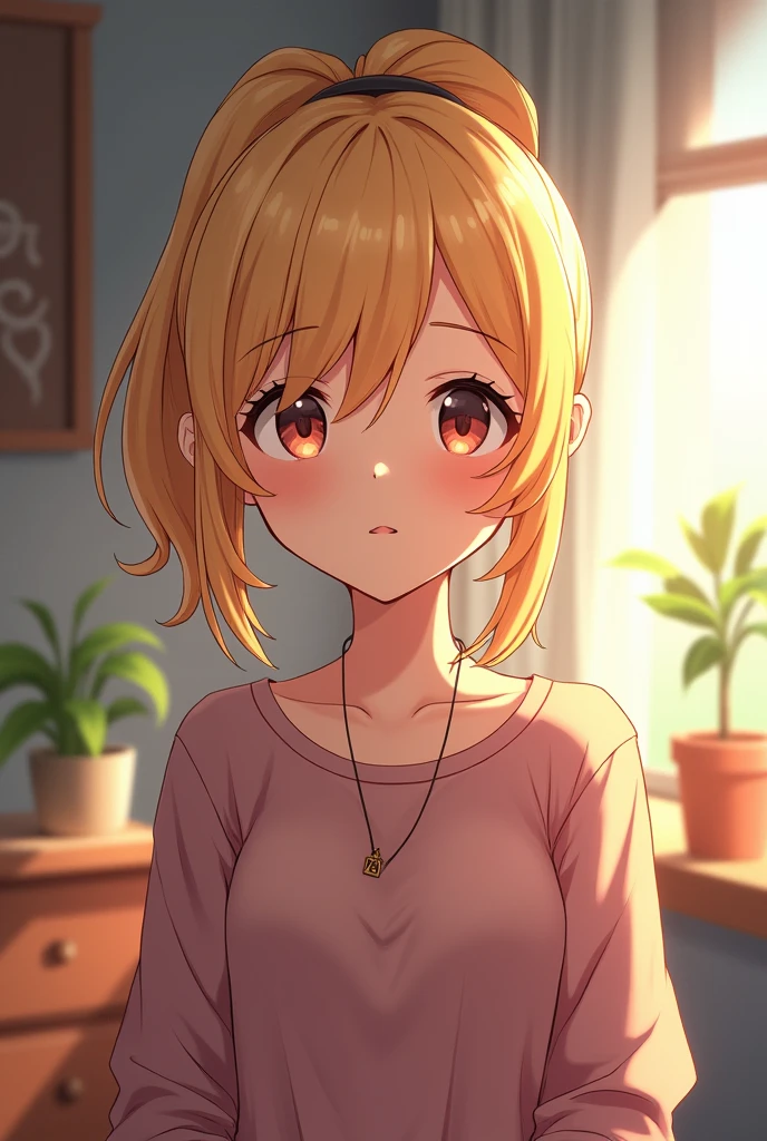 Blonde gal。Private Server。seems kind。Anime painting。Inside the house。ponytail。