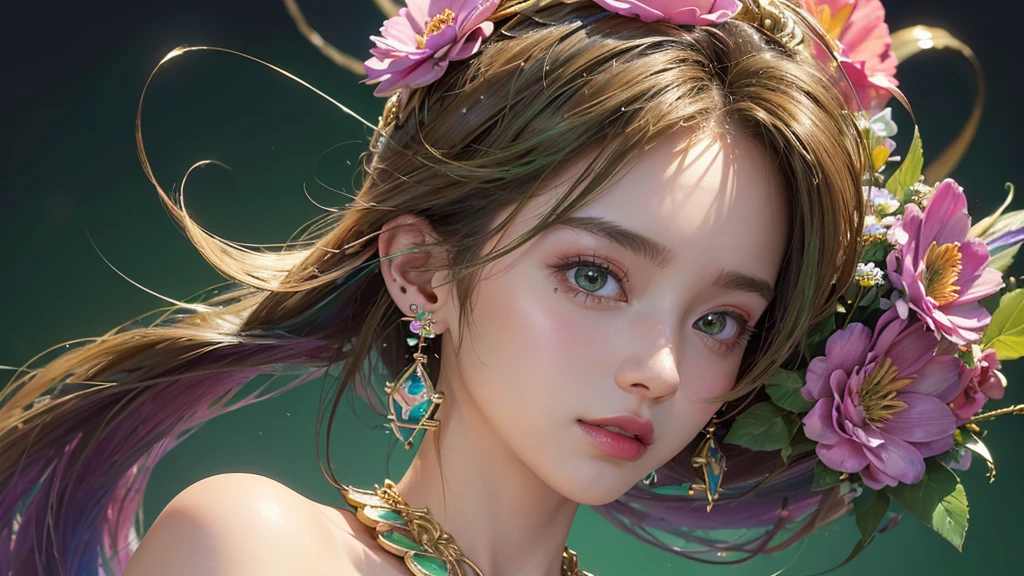 32K, 最高quality, 最高masterpiece, (ultra-Detailed Background, Detailed Background), High resolution, Super detailed, Very detailedな, One girl, (bouquet:1.3), (Tangled:1.2), (Geometric:1.2),(colorful),(masterpiece, quality, best quality, Official Art, Beautiful and beautiful:1.2), (1 girl:1.3), Very detailed,(colorful:1.1)(Flowers:1.3),Most detailed,(Tangled:1.2), whole body, (Abstract background:1.3), (Skin glows), (Many colors:1.4), ,(Earrings Jewelry:1.5), Light green background,