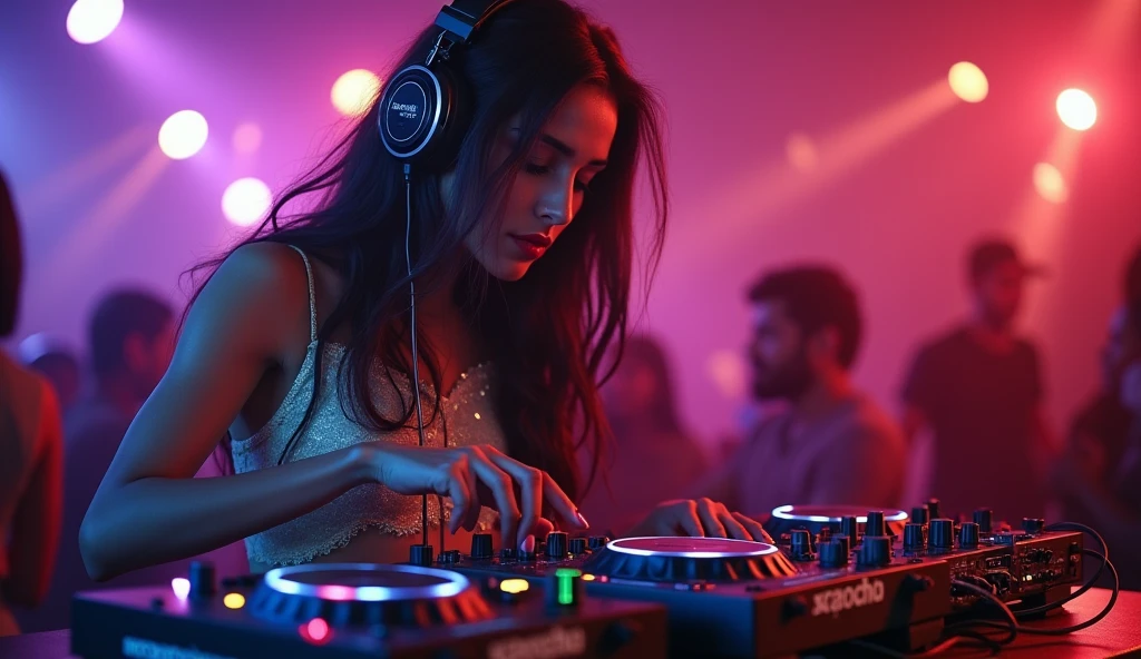 highest quality, Surreal, Very detailed, women only, DJ Girl, DJ Console, DJ headphones, Actual photo, 8k, Realistic eyes, Detailed face, Upper Body:1.4, Looking at the audience, To the audience, Disco Lights,1 girl,((she is playing the DJ Console )),(( she is wearing bollywood style clothing))