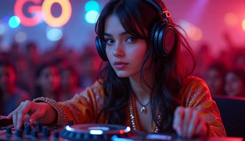 highest quality, Surreal, Very detailed, women only, DJ Girl, DJ Console, DJ headphones, Actual photo, 8k, Realistic eyes, Detailed face, Upper Body:1.4, Looking at the audience, To the audience, Disco Lights,1 girl,((she is playing the DJ Console )),(( she is wearing bollywood style clothing))