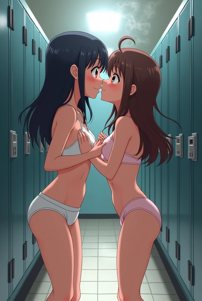 An anime age girl who is surprised by her younger sister kissing her in a locker room while wearing underwear only
