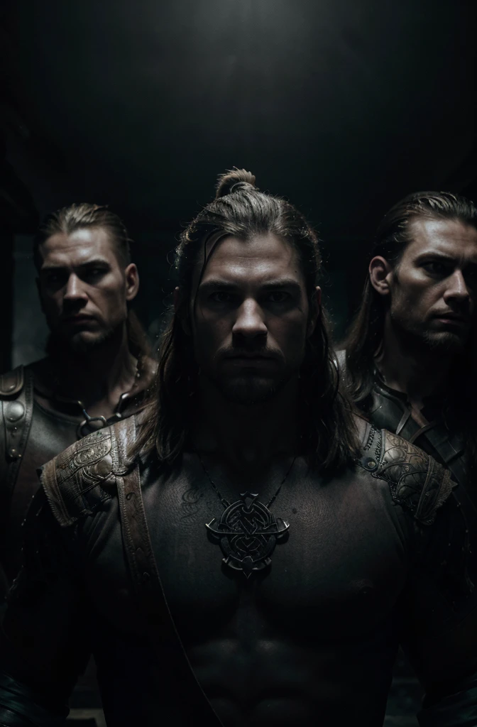 intricate detailed portrait of three vikings, one slender and handsome, one muscular and ugly, one intelligent and dramatic, dramatic lighting, cinematic composition, highly detailed, photorealistic, hyper realistic, 8k, best quality, masterpiece, (realistic:1.4), (photorealistic:1.4), chiaroscuro, dramatic shadows, moody atmosphere, intense contrast, vibrant colors, warm tones