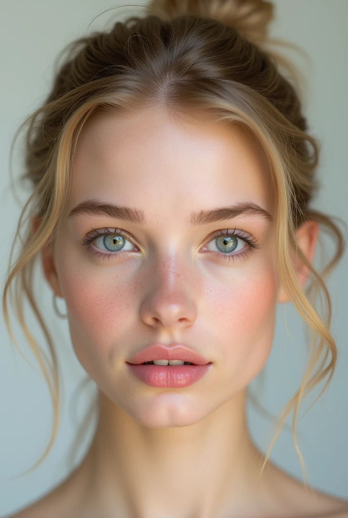 (photorealism:1.2), A young woman’s face with blonde hair tied back. She has a fair complexion with minimal makeup and pink lipstick. Her eyes are adorned with light eyeliner and nude shade eyeshadow. Her facial features are clear and attractive.






