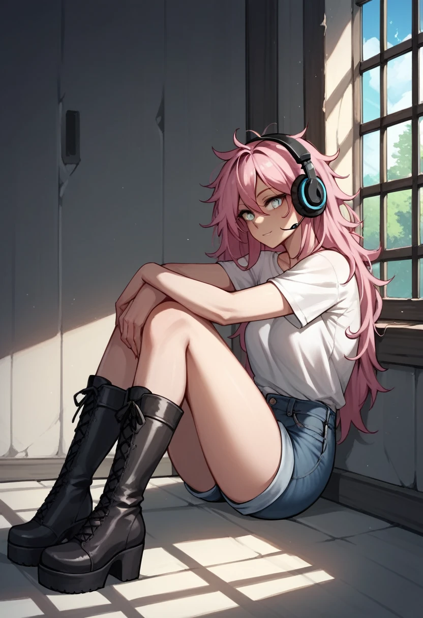 score_9, score_8_up, score_7_up, score_6_up, score_5_up, score_4_up, source_anime, 1woman, sexy face, sit, pink hair, long hair, white eyes, croosed legs, messy hair, white shirt, jeans shorts, black thigh high boots, platforms, day, windows, headphones, dungeon, best quality, best res, 4K UHD,
 