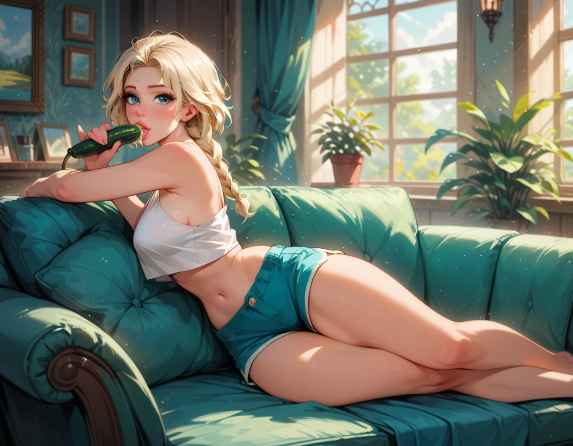 score_9, score_8_up, score_7_up, score_6_up, cinematic film still, 1girl, mature elsa (blonde hair, braid:1.1), (sexy btty shorts, blue:1.3), (loose_cropped_top, white:1.4), sideboob, relaxing on big comfy couch, lovely living room, feet under her on couch, holding a large cucumber, sucking the cucumber, practicing fellatio, (cinematic lighting:1.2),, shallow depth of field, vignette, highly detailed, high budget, bokeh, cinemascope, moody, epic, gorgeous, film grain, grainy.