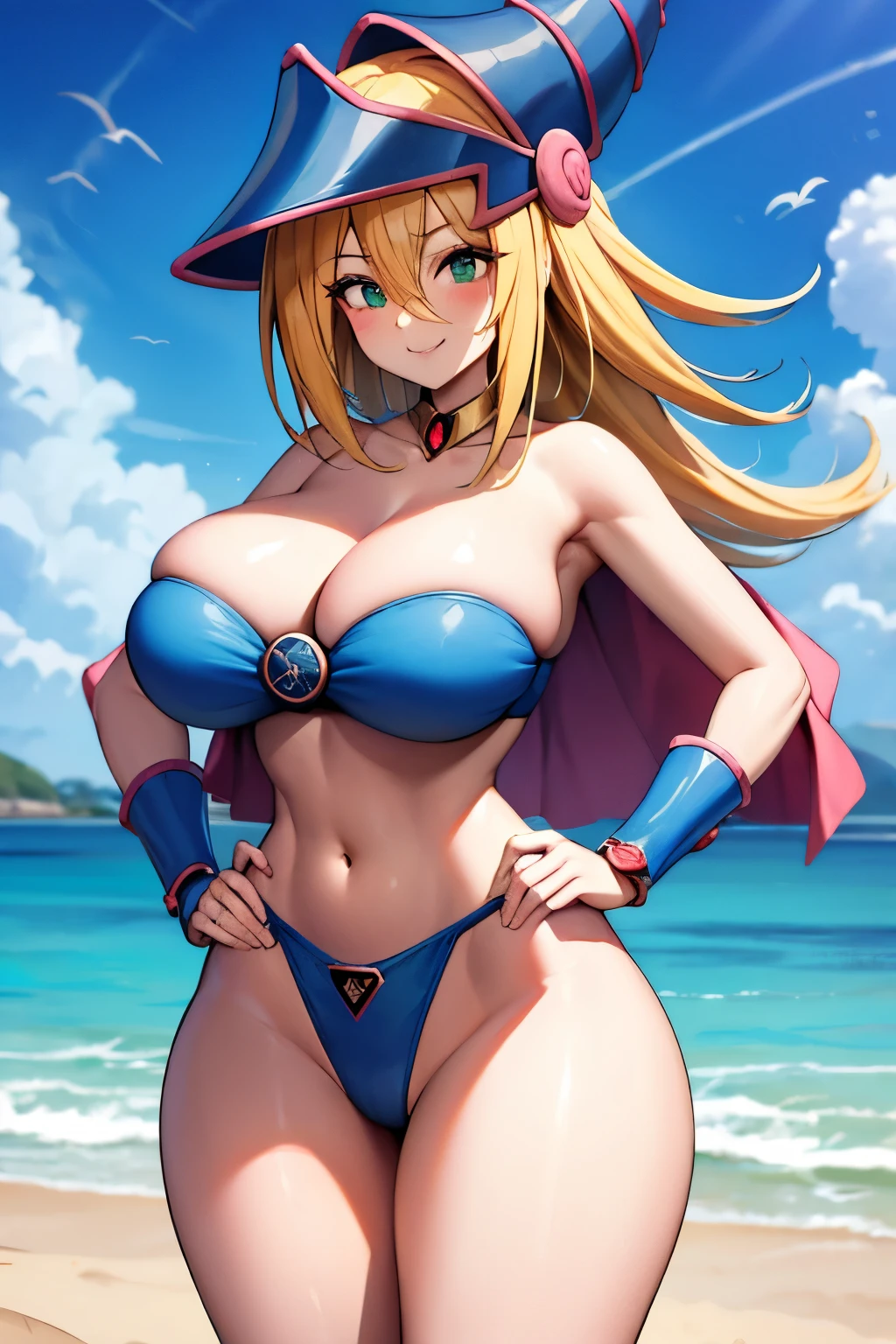 dark magician girl, duel monster, blush stickers, blonde hair, green eyes, long hair, breasts, blush, bangs, large breasts, hair between eyes, hat, cleavage, bare shoulders, collarbone, choker, blue headwear, wizard hat, blue micro bikini, cowboy shot, smile, huge breasts, cleavage, beach, outdoors, hearts, skindentation, detailed background, hands on hip, ((strapless, midriff))