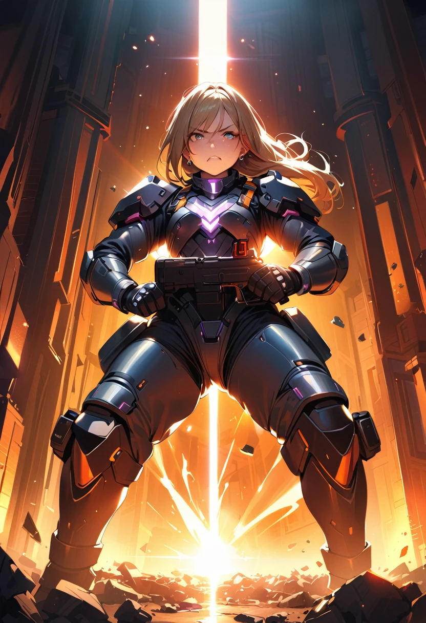 masterpiece, Highest quality, (((Ruined battlefield)))、(((Angry Face)))、Raising awareness, Large firearms, プラチナEarrings, Platinum Necklace, Black bikini combat suit,Carrying a weapon, One Girl, cute, (Dynamic Lighting:1.2), Cinema Lighting, Delicate facial features, Detailed eyes, Sharp pupils, Realistic student, Written boundary depth, ボケ Written boundary depth, Sharp focus, (Very detailed, bloom, Shine:1.4), Lots of little gems, (((long_hair))), Twin tails、Earrings、分けた前hair、銀hair、whole body、Ultra close-up footage、The top is transparent up to the chest.、See-through design。The bottoms are a very short navy blue pleated skirt.、Fits snugly around the waist。The background is simple white.、this、The text is easier to see.。The light source is a soft light from the front....、The overall atmosphere is bright and clean....。