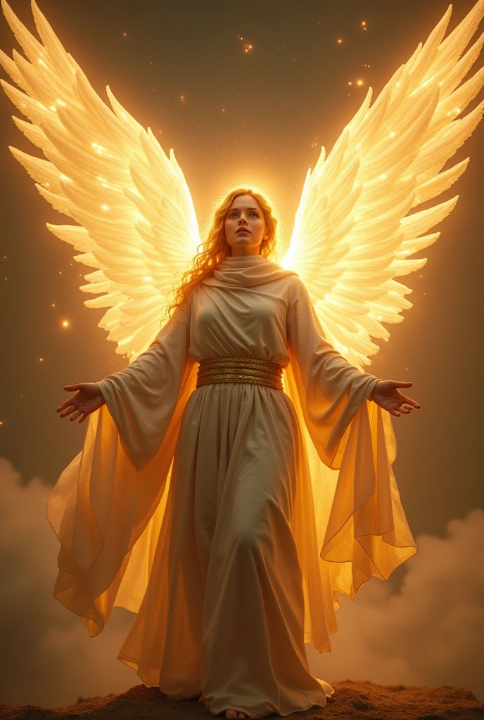 An archangel filled with light with huge wings of light with a face filled with light and luxurious pilgrim clothing 