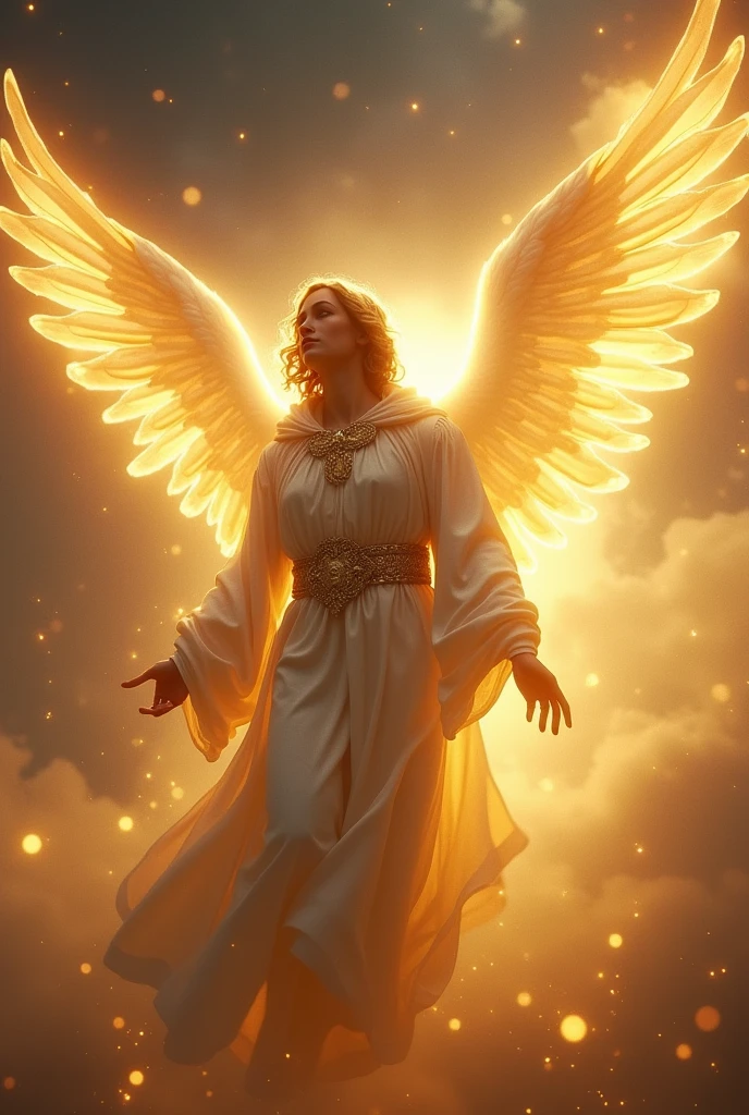 An archangel filled with light with huge wings of light with a face filled with light and luxurious pilgrim clothing