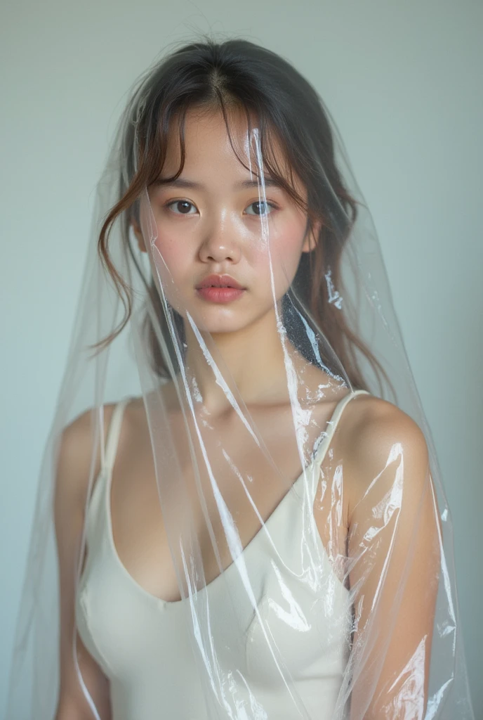 A girl wearing transparent plastic wrap