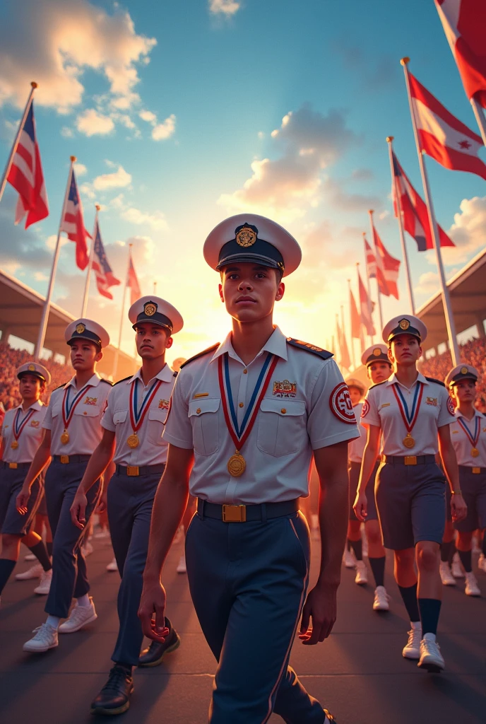 Independence day celebration  with soldiers and sports team 