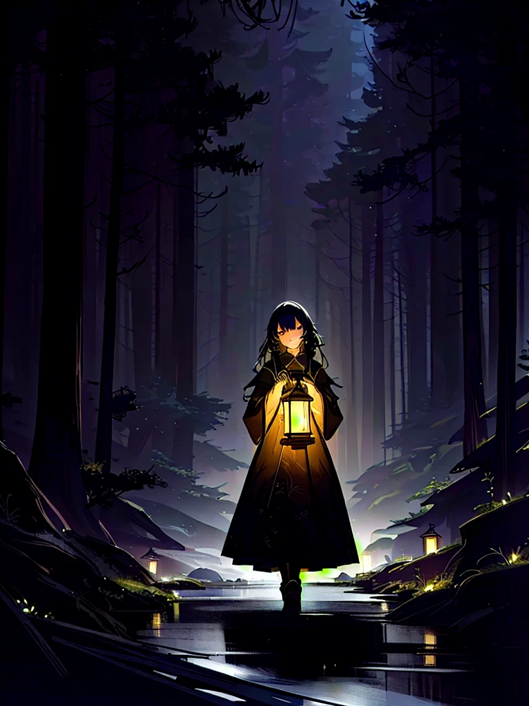 a beautiful woman in a dark forest holding a lantern in her hand, girl under lantern, holding a lantern, girl walking in dark forest, anime art wallpaper 8 k, 4k anime wallpaper, in a forest at night, anime art wallpaper 4k, anime art wallpaper 4k, anime lush john 8k woods, artwork in the style of guweiz, dark illustration