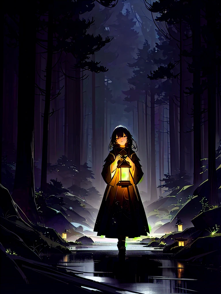 a beautiful woman in a dark forest holding a lantern in her hand, girl under lantern, holding a lantern, girl walking in dark forest, anime art wallpaper 8 k, 4k anime wallpaper, in a forest at night, anime art wallpaper 4k, anime art wallpaper 4k, anime lush john 8k woods, artwork in the style of guweiz, dark illustration