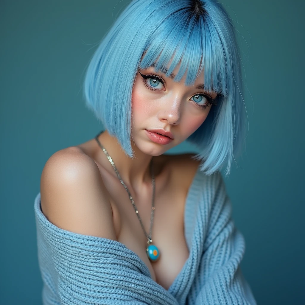 (Best quality, 8k, 32k, Masterpiece, UHD:1.2),Photo of Pretty 18  american woman, large breasts, very short bob hair,upper body,face focus,(oversized_sweater,:1.1) necklace, background, looking at viewer, leaning forward, (((blue hair with sliver bangs))), (((vibrant light blue eyes))) (((award winning detail)) ((avatar makeup and popstar clothes)))