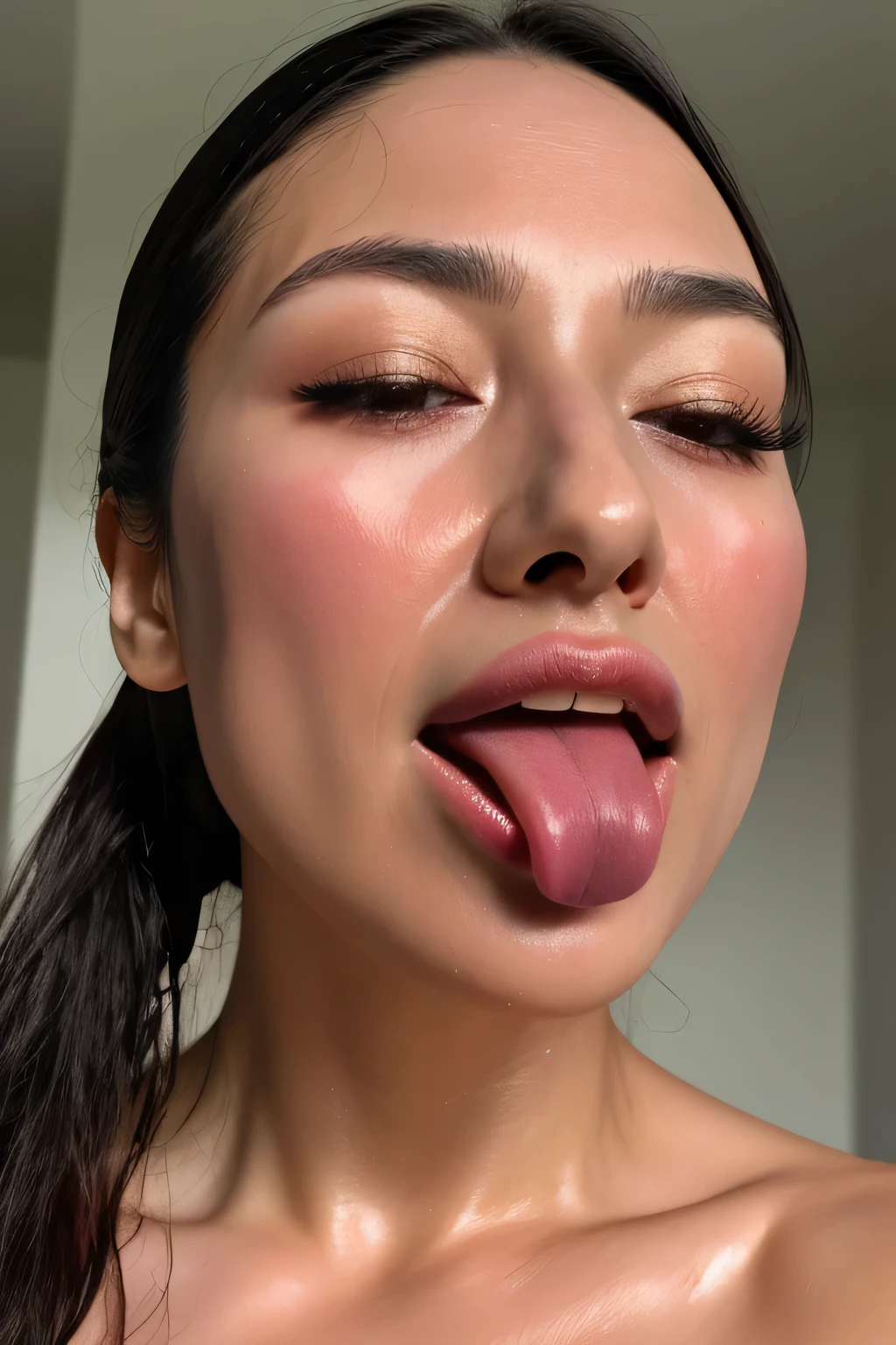 Tabletop,,Award-winning photo, Very detailed, Sharp focus on the eyes, Nose and mouth,Face Focus, Woman with open mouth and closed eyes, blue camisole、Age 35,Black-haired、Symmetrical face,Realistic nostrils、Angle from below,,Sweaty skin、Lighting that highlights sweaty skin,Skin shiny with sweat、Glowing Skin、Sweaty hair,Beautiful Japanese actresses,smile,(Super wet skin)((ahegao,,Sticking out tongue,Long Tongue,))((Realistic eyelashes with attention to detail))((ahegao, Drooling, Saliva trace, Long Tongue, Face to face, Textured skin, Anatomically correct, Ultra-high resolution,))Thick tongue,Realistic moisturized skin