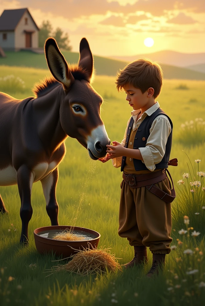 The wealthy boy is now gently feeding the donkey in a green field. The donkey looks slightly healthier but still weak. A bowl of fresh water and some hay are placed near the donkey. The same small house is far in the background, and the sun is slightly lower in the sky.