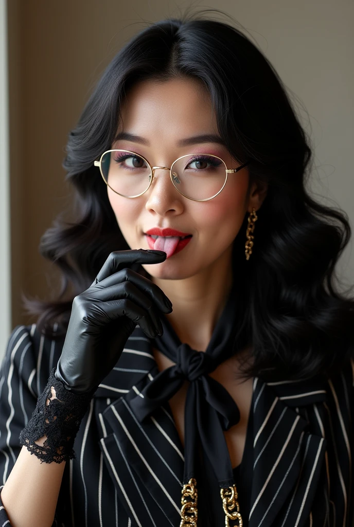 With long, curly black hair、Heavy makeup and purple eyeshadow、Around her neck she wears a ribbon-shaped satin black and gold chain patterned scarf.、Wearing gold-rimmed glasses、Wearing long gloves made of black rose lace、Showing your palm to me、A Japanese woman in her 40s wearing a striped suit licks her fingers with her tongue