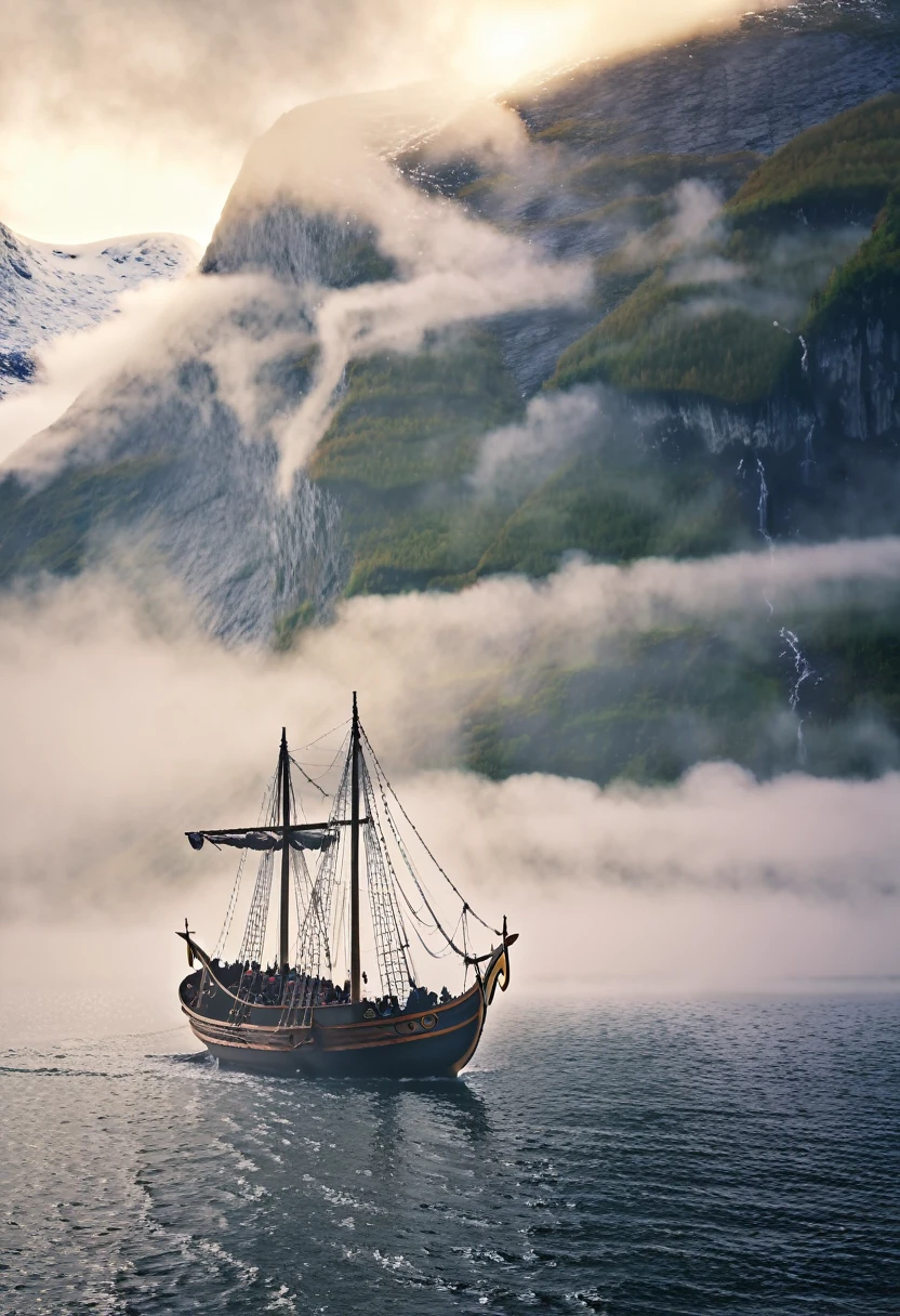 1 viking longship with dragon prow sailing in misty norwegian fjord at dawn, dramatic lighting, professional shot, cinematic, highly detailed, hyper realistic, 8k, photorealistic, masterpiece