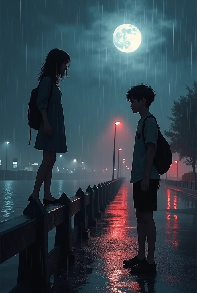 A girl is standing on the bridge railing and trying jumping of the bridge and thats when whe saw Boy who is crossing the bridge and their eyes met its a night time and it was raining. Use white and red light combination. Camera angle should be from behind the boy and infront of boy. There is a girl who is suiciding ( i mean jumping of the bridge. Meke it for Novel Cover page
Boy should be in the the picture too